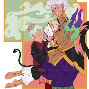 Custom OC comfort character, horned white-haired in purple-gold attire, cradling a child against pastel panels, anime art.