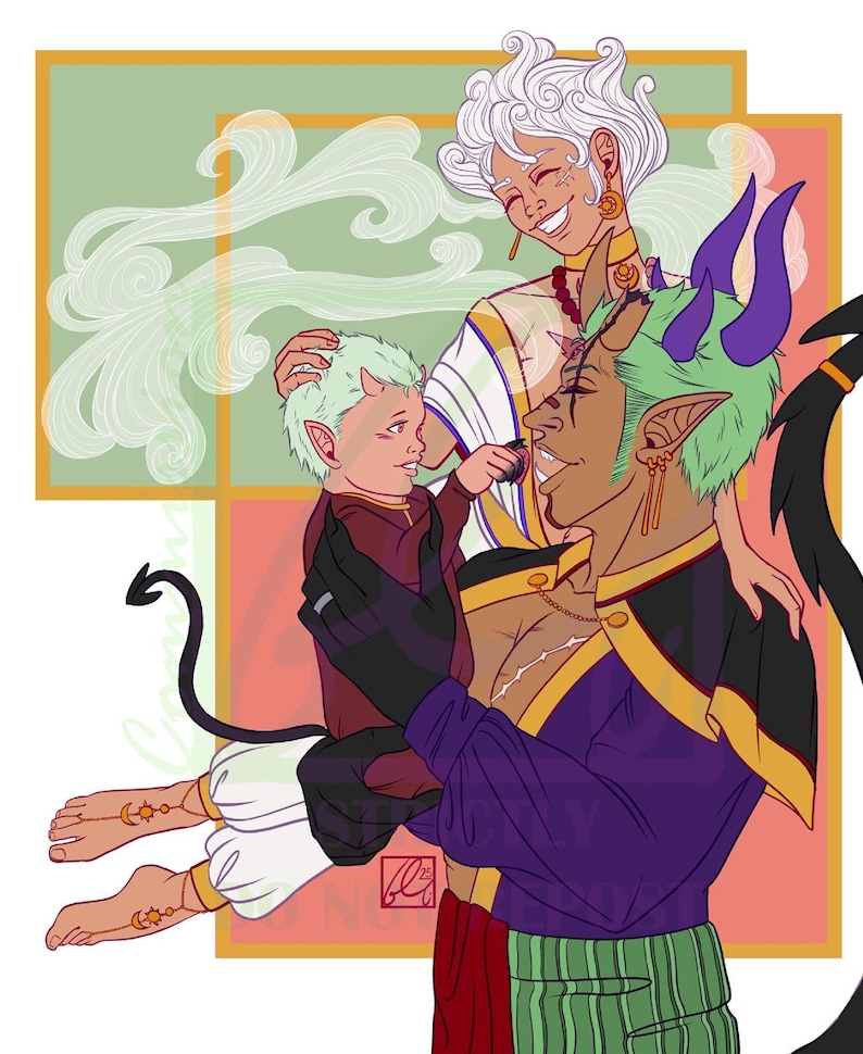 Custom OC comfort character, horned white-haired in purple-gold attire, cradling a child against pastel panels, anime art.