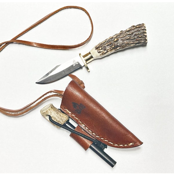 All hand made Custom Stag Horn Neck Knife w/ leather Sheath and ferro rod holder.