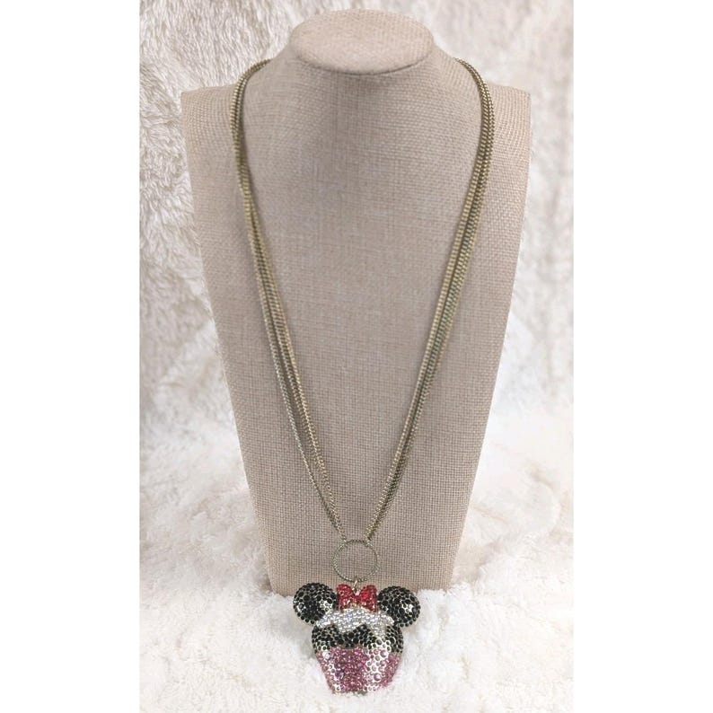 Disney Minnie Mouse Cupcake Rhinestone Necklace Gold Tone Statement Pendant Cute zdjęcie 3
