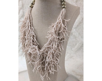 Vintage Pale Pink Seed Bead Fringe Necklace Coral Inspired Statement Bib...