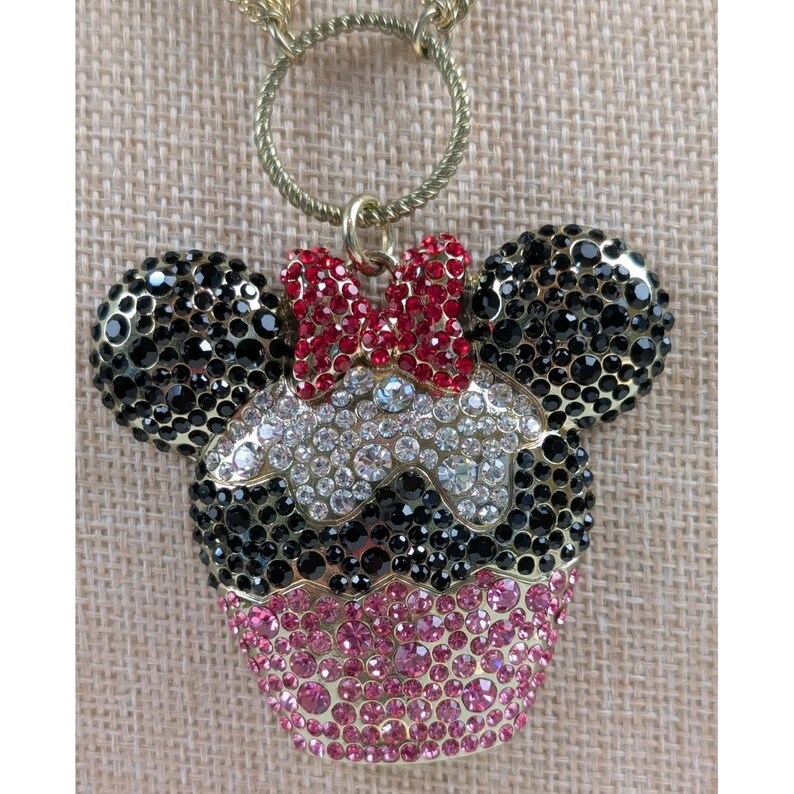 Disney Minnie Mouse Cupcake Rhinestone Necklace Gold Tone Statement Pendant Cute zdjęcie 4
