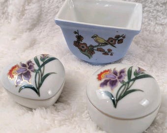Vintage Porcelain Trinket Box Lot Japan Iris Floral Heart Round Box Bird Blossom