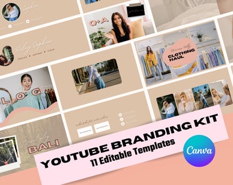 以下が含まれることがあります： Canva 用の編集可能なテンプレート 11 個を含む YouTube ブランドキット。このキットは、ピンクとブラウンのカラーパレットで、さまざまな画像とテキスト要素が特徴です。テキストには、「YouTube Branding Kit」、「11 Editable Templates」、「Canva」が含まれています。