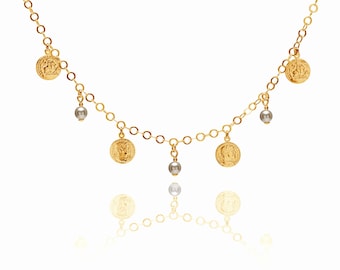 Gold Plated Sterling Silver Pearl Coin Necklace, Boho Pendant