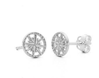 Sterling Silver Dainty Compass Stud Earrings, Wind Rose Jewelry, Graduation gift, Compass Rose, Gift for Travel Lovers, Minimalist Jewelry