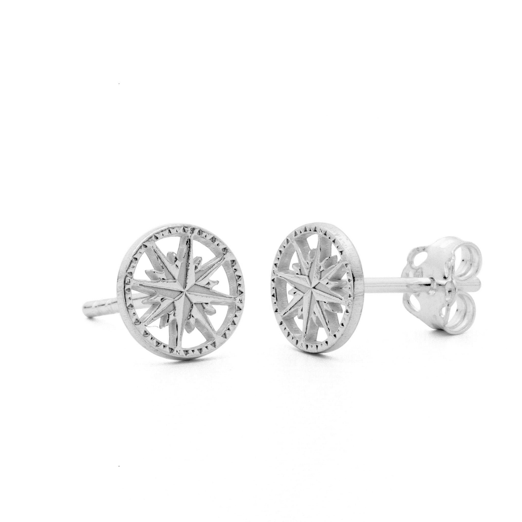 Sterling Silver Dainty Compass Stud Earrings, Wind Rose Jewelry, Graduation gift, Compass Rose, Gift for Travel Lovers, Minimalist Jewelry