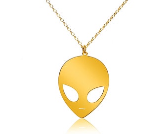 Collana aliena in argento sterling, collana con testa di alieno in oro, ciondolo UFO, ciondolo con volto di alieno, gioielli UFO, idee regalo