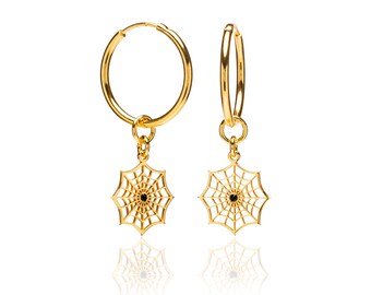 Spider Web Hoop Earrings in Sterling Silver, Gold, Cobweb Earrings, Halloween Earrings, Halloween Cobweb Jewelry, Birthday Gift