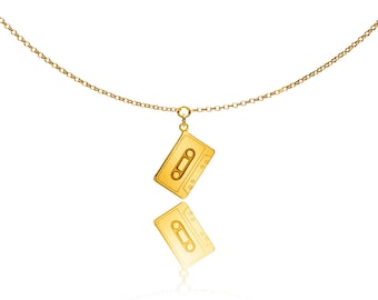 Kassettenband aus Sterlingsilber, Gold oder Roségold, Musiker, Geburtstagsgeschenk, Retro Musik-Halskette, Kassettenband-Anhänger