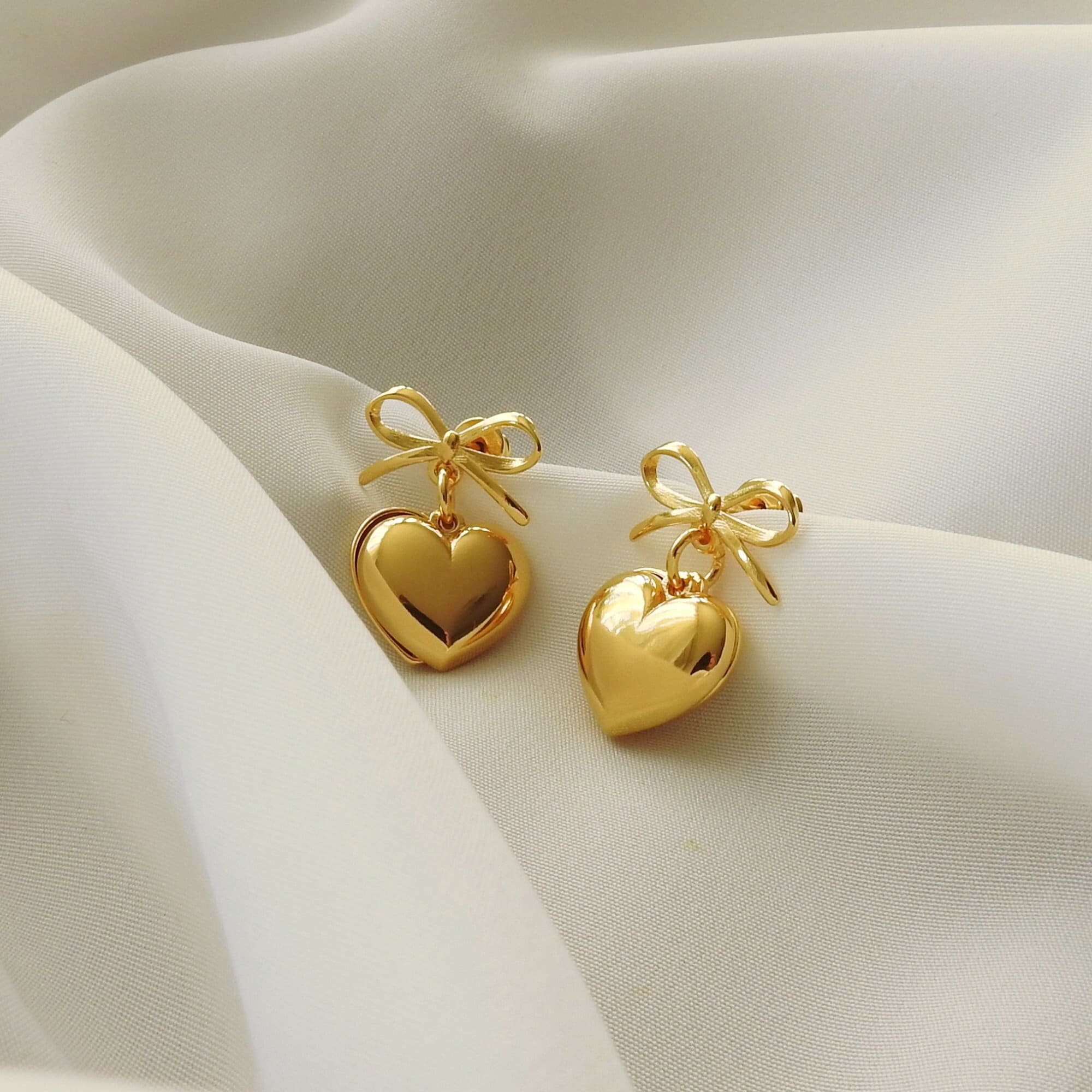 Sterling Silver Heart Earrings, Bow Earrings, Stud Earrings, Minimalist Jewelry, Valentines Day, Birthday Gift, Gold or Rose Gold