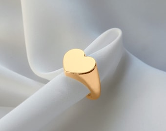 Anillo de corazón ajustable de plata, dorado, con sello, símbolo de corazón, joya de corazón, anillo de amor, regalo para novia, anillo de corazón grueso.