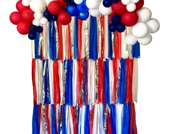 Patriotic red white and blue fringe backdrop