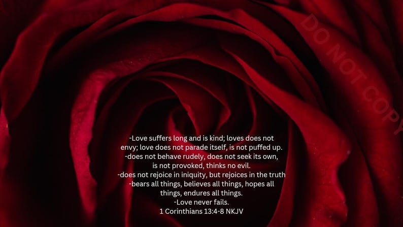 K&ouml;nnte beinhalten: Eine Nahaufnahme einer tief roten Rose mit einem Zitat &uuml;ber die Liebe aus 1 Korinther 13,4-8 NKJV. Das Zitat lautet: "Die Liebe ist geduldig und freundlich; die Liebe eifert nicht, sie prahlt nicht, sie bl&auml;ht sich nicht auf. -Sie handelt nicht unz&uuml;chtig, sie sucht nicht das Ihre, sie l&auml;sst sich nicht reizen, sie tr&auml;gt kein Unrecht nach. -Sie freut sich nicht &uuml;ber die Ungerechtigkeit, sondern freut sich &uuml;ber die Wahrheit. -Sie ertr&auml;gt alles, sie glaubt alles, sie hofft alles, sie erduldet alles. -Die Liebe h&ouml;rt niemals auf. 1 Korinther 13,4-8 NKJV"