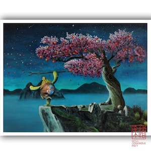 May include: An original painting depicts a turtle balancing on a cliff edge, holding a branch, with a blossoming tree and a starry night sky. The artwork features a serene landscape with a whimsical character, showcasing a blend of fantasy and nature.