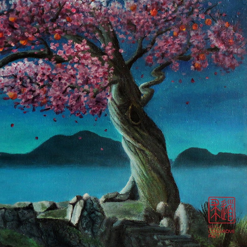 May include: A painting of a cherry blossom tree with pink flowers and orange fruit. The tree's twisted trunk stands on a rocky ledge overlooking a blue lake and mountains under a starry sky. A red stamp is in the lower right corner.