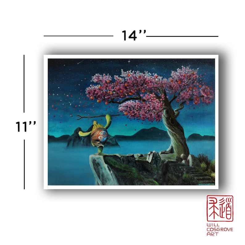May include: An 11 x 14 inch print of an original painting. The artwork depicts a turtle character holding a staff, standing on a cliff overlooking a misty landscape. A large tree with pink blossoms is in the background under a starry sky.