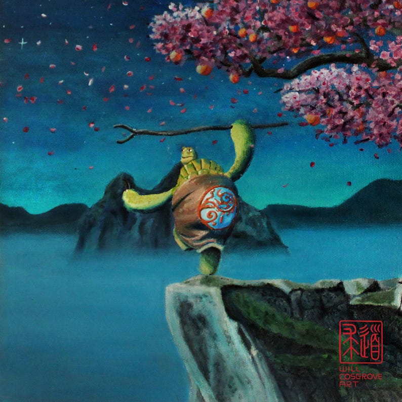 May include: An oil painting depicts a green turtle balancing on a cliff edge, holding a branch. The turtle wears a brown and blue garment. A flowering tree with pink blossoms and orange fruit hangs above. The background features mountains and a night sky.