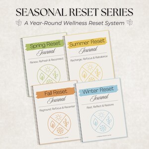 以下が含まれることがあります： Seasonal Reset Series: A Year-Round Wellness Reset Systemというタイトルのスパイラル綴じジャーナル4冊。各ジャーナルには、Spring Reset、Summer Reset、Fall Reset、Winter Resetという季節のテーマがあり、それぞれに対応する色とアイコンが描かれています。