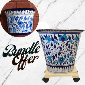 May include: Two blue and white ceramic flower pots with floral designs. The larger pot is on a wooden stand with wheels. The text "Bundle Offer" is visible in the image.