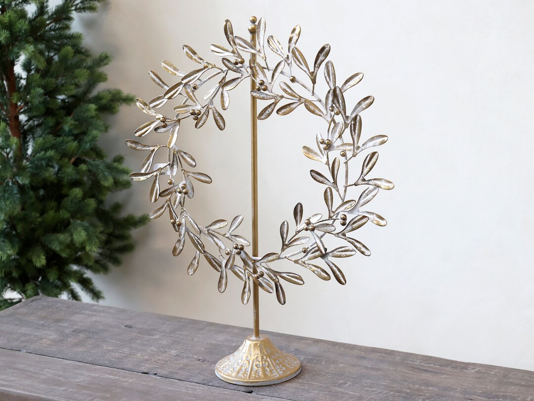 Gold Metal Leaf Wreath With Stand Etsy