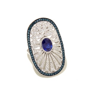 Blue Sapphire, Blue Diamonds and White Zircons, Solid Sterling Silver, Statement Ring, Unique Rarities