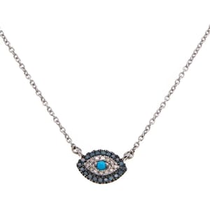 0.25cttw Genuine Diamond and Turquoise Evil Eye Pendant Necklace with Chain, Minimalist and Dainty, Solid Sterling Silver, Unique Rarities