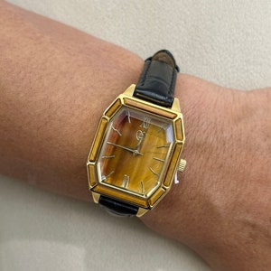 Tiger's Eye Vintage Ladies Watch • Octagonal Brown Stone Dial • Art Deco Goldtone Steel with Black Leather Strap