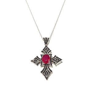 Sterling Silver Gothic Cross Necklace, Ruby, Black Spinel, Vintage Inspired