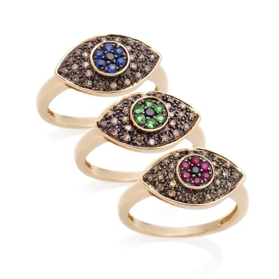 Genuine Diamond Evil Eye Ring, 10K Yellow Gold, Ruby Sapphire Garnet