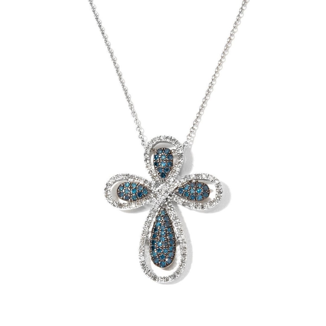 Genuine Diamond Cross Pendant Necklace With Chain, Blue & White