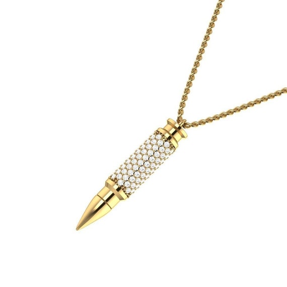 14K Solid Gold Bullet Necklace, Lab Grown Diamond Studded