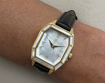 Art Deco Mother of Pearl Watch • Natural Stone Dial • Goldtone Steel & Leather Strap • Vintage Style Women's Watch