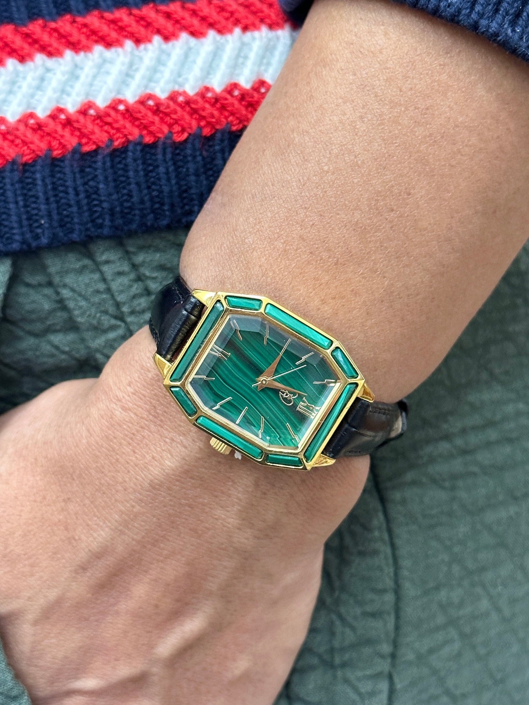 Malachite Gemstone Watch – Art Deco Goldtone Steel, Leather  display picture 1