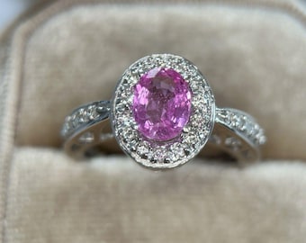 Vintage 18k White Gold Oval Pink Sapphire Halo Ring – Diamond Shank Engagement Ring