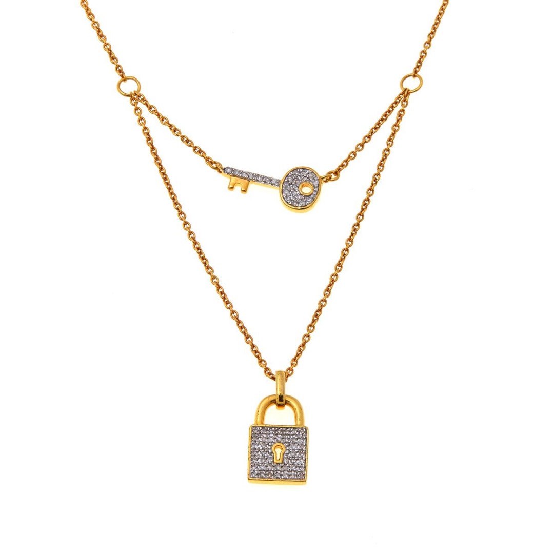 Solid 14K Gold Padlock and Key Necklace With Genuine Diamond Pave Etsy