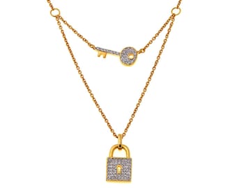 14K Gold Diamond Padlock and Key Necklace, Dainty Charm Pendant