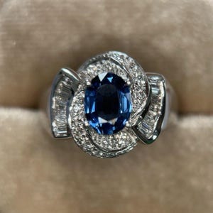 Vintage Natural 1.3ct Blue Sapphire & VS Diamond Platinum Ring, Sz 7.75, Ready to Ship, Estate Sale Vintage Fine Jewelry, Art Deco Design
