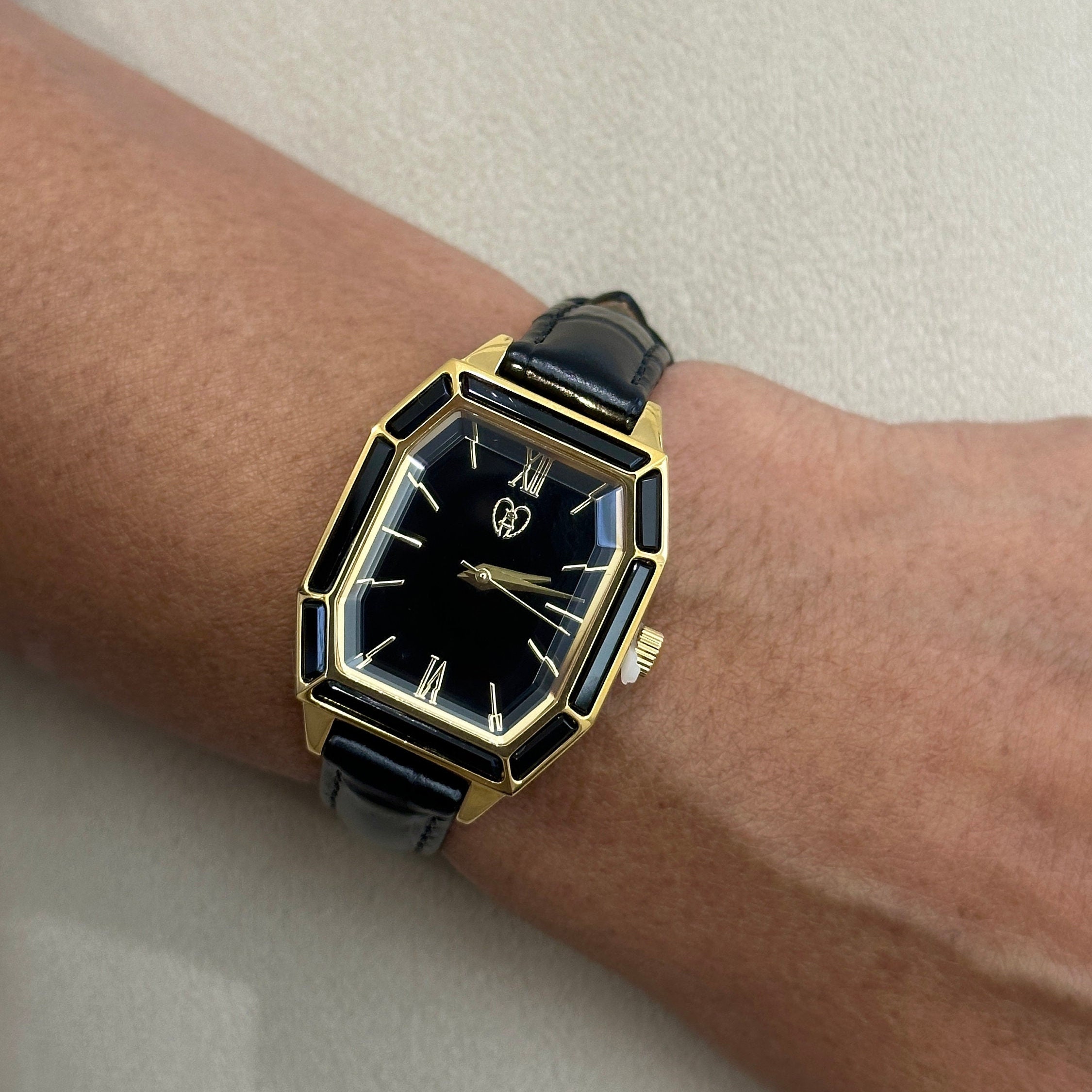 Montre Femme Vintage En Onyx Véritable - Bracelet Extensible, Années 80, Marque Bijowin