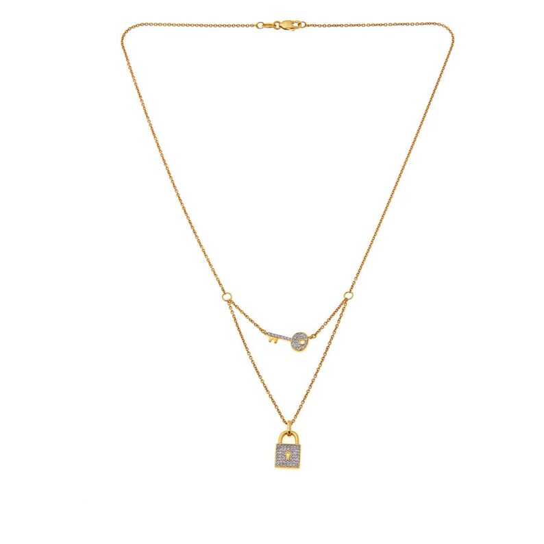 Solid 14K Gold Padlock and Key Necklace With Genuine Diamond Pave Etsy