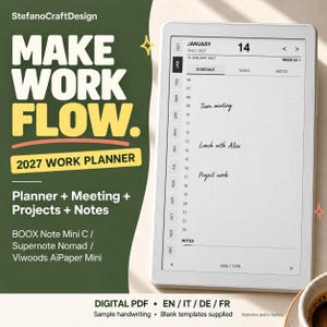 Può includere: Un pianificatore di lavoro digitale 2027 visualizzato su uno schermo di tablet, che mostra un programma per il 14 gennaio con voci per una riunione di team, pranzo con Alex e lavoro di progetto. L'interfaccia include schede e il testo MAKE WORK FLOW.