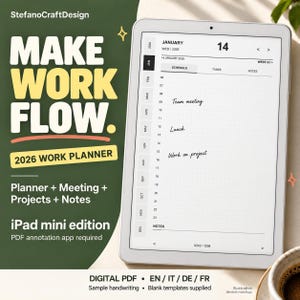 Puede incluir: Una agenda de trabajo digital 2026 mostrada en una pantalla de tableta, con un horario diario para el 14 de enero con entradas para reunión de equipo, almuerzo y trabajo en proyecto. Incluye pestañas mensuales, sección de notas y flechas.