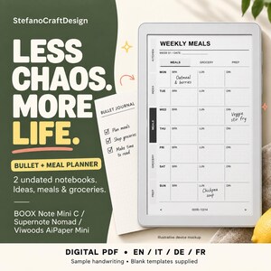 May include: A digital tablet displaying a weekly meal planner template with columns for meals, groceries, and prep. The screen shows handwritten notes for oatmeal, veggie stir fry, and chickpea soup. Text on the left reads LESS CHAOS. MORE LIFE.