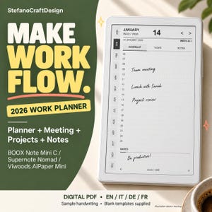 Può includere: Un tablet digitale bianco che mostra un'interfaccia di pianificazione del lavoro 2026 con un programma per il 14 gennaio. Lo schermo presenta note scritte a mano per una riunione, pranzo e revisione del progetto. Sfondo con testo MAKE WORK FLOW.