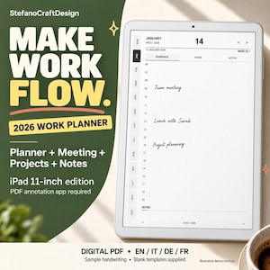 Könnte beinhalten: Ein digitaler 2026 Arbeitsplaner für ein 11-Zoll iPad vor dunkelgrünem Hintergrund mit dem Text MAKE WORK FLOW. Der Bildschirm zeigt einen Tagesplan für den 14. Januar 2026 mit Einträgen für ein Teammeeting, Mittagessen und Projektplanung.
