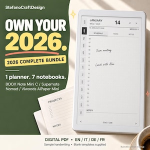 Può includere: Un pacchetto di pianificatore digitale per il 2026 con un tablet bianco che mostra un programma giornaliero per il 14 gennaio 2026. Il testo recita StefanoCraftDesign, OWN YOUR 2026, 2026 COMPLETE BUNDLE, 1 planner. 7 notebooks. BOOX Note Mini C / Supernote Nomad / Viwoods AiPaper Mini.