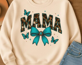 Cowhide MAMA Digital Download | Western Cowgirl PNG | Teal Concho Bow Graphic | Sublimation for Sweatshirts & Apparel