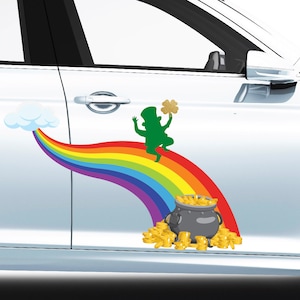 May include: A white car with a rainbow, a leprechaun, and a pot of gold decal on the side. The rainbow starts with a cloud and ends with a pot of gold.