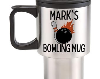 Personalised Name Bowling Stainless Steel Travel Mug / Thermal Coffee Cup Present For Bowlers Bowling Friends Christmas Birthday