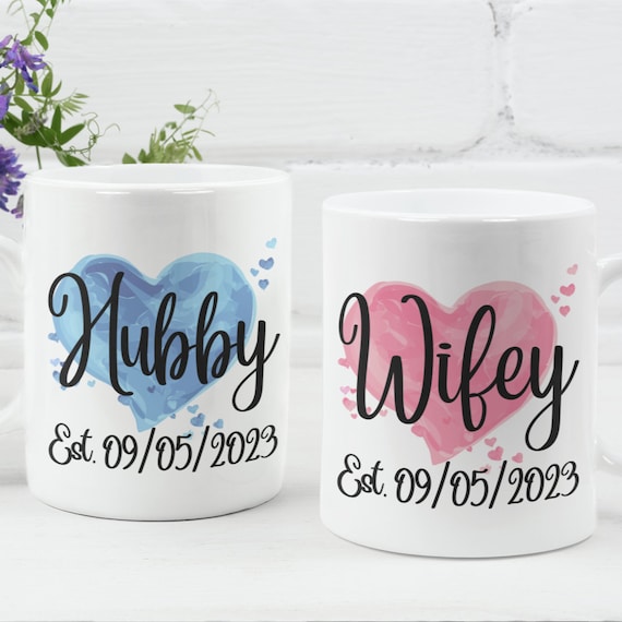 Hubby Wifey Personalised Wedding Date Mug Set / Wedding Joint Gift / MR & MRS/ Engagement Couples / Husband Wife Present Save The Date